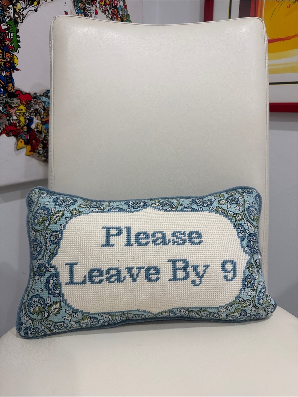 cupcakes & cashmere Blue and Cream 'Please Leave By 9' Embroidered Accent Pillow